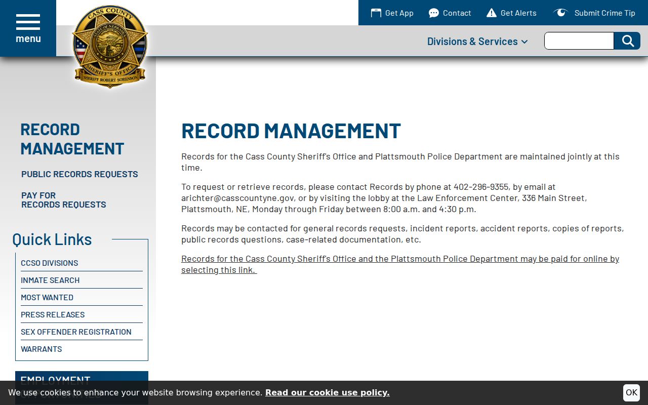 Cass County Sheriff Records Management public access route