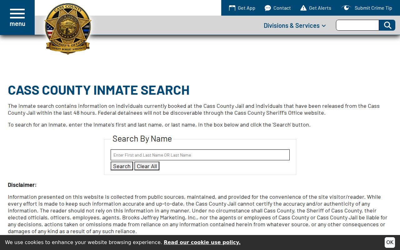 Cass County Sheriff custody search kept distinct from active warrant list