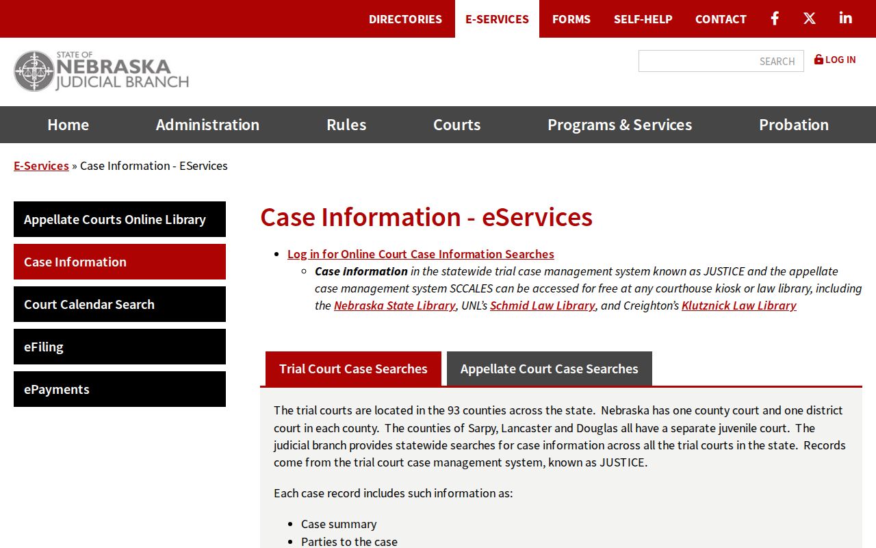 Nebraska JUSTICE case search route for a Cass County traffic case