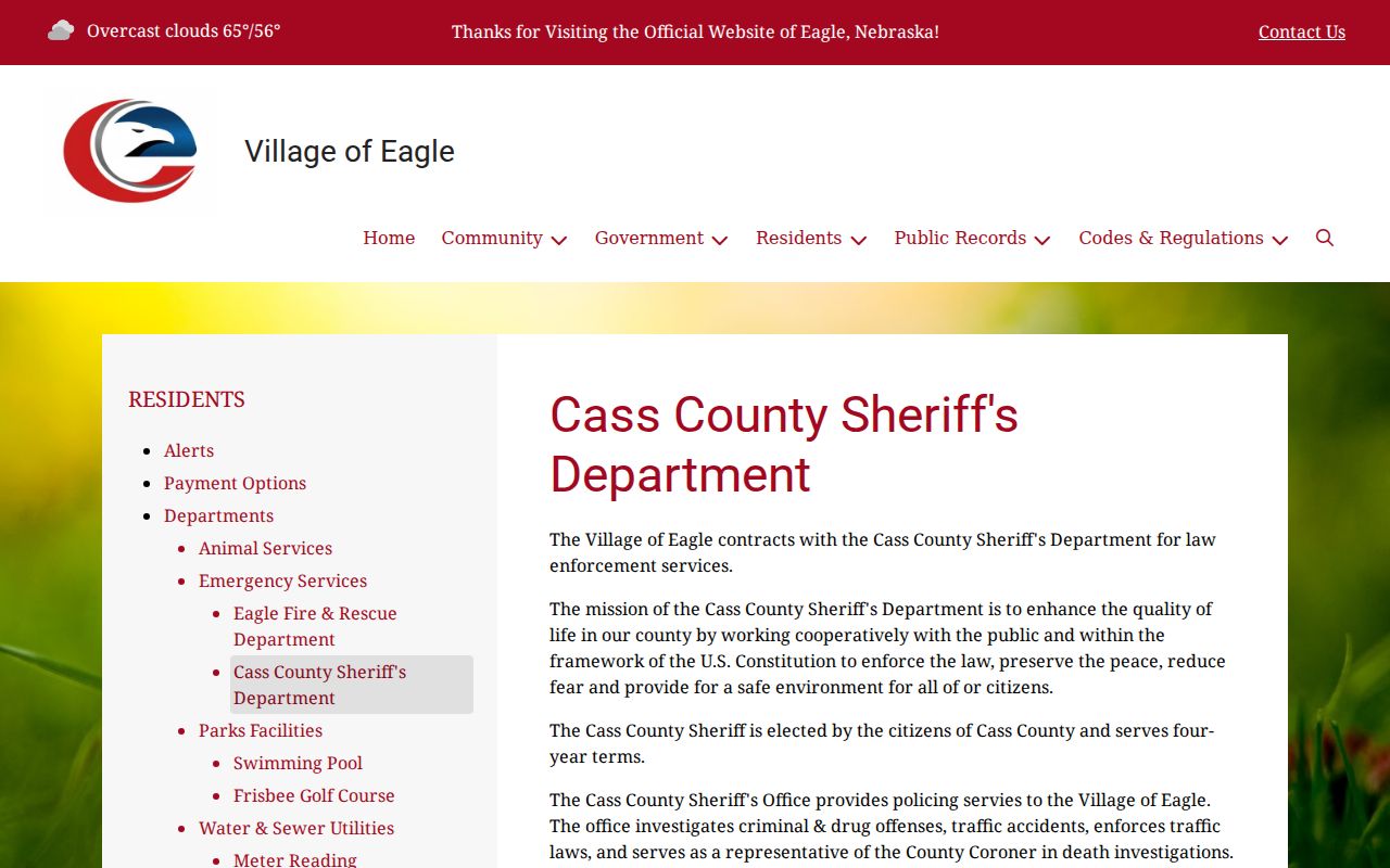 Eagle page showing Cass County Sheriff service and no separate warrant portal