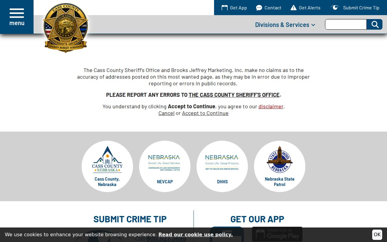 Cass County Sheriff most-wanted disclaimer and error-reporting notice