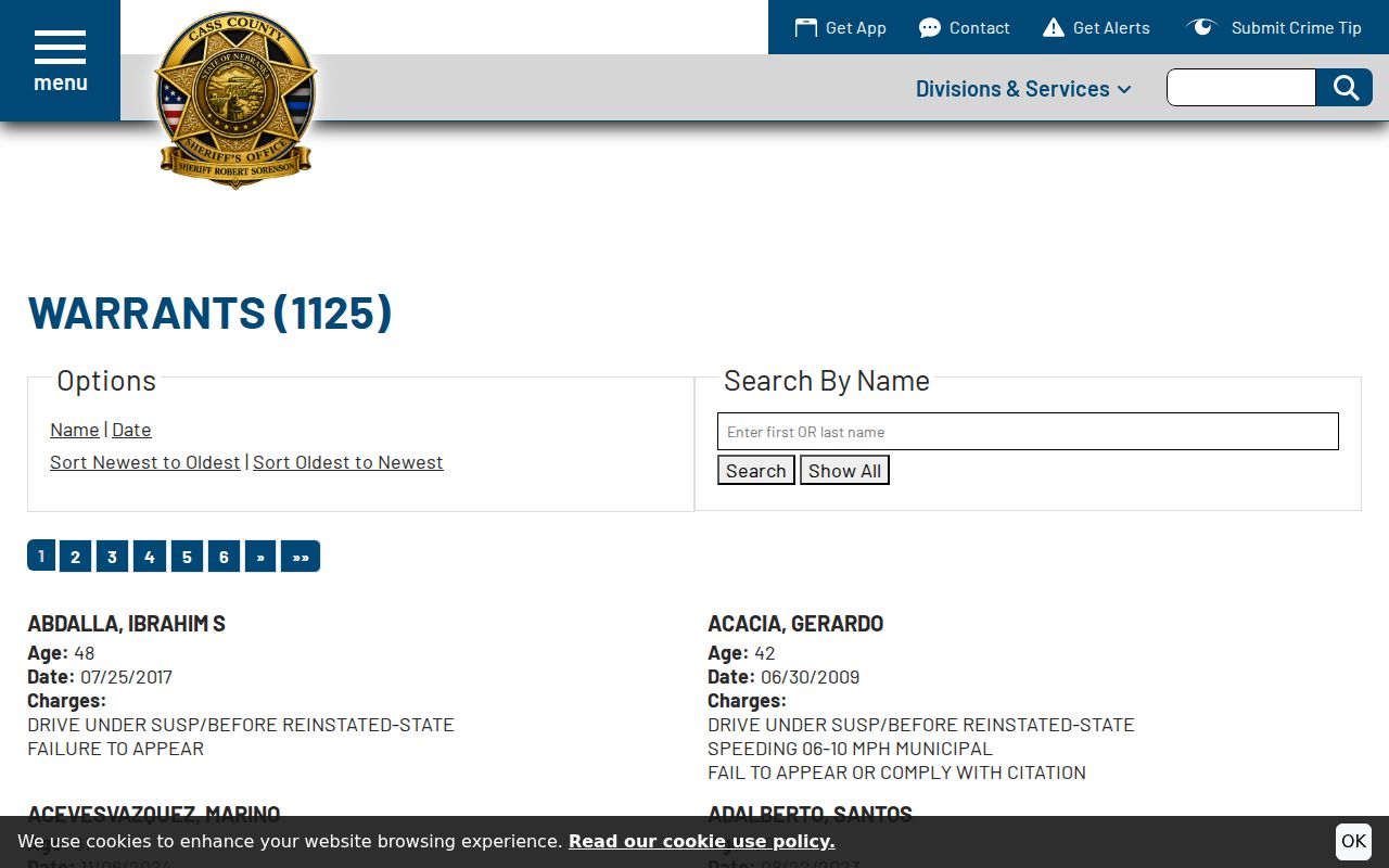 Cass County warrant search fields and redacted result area